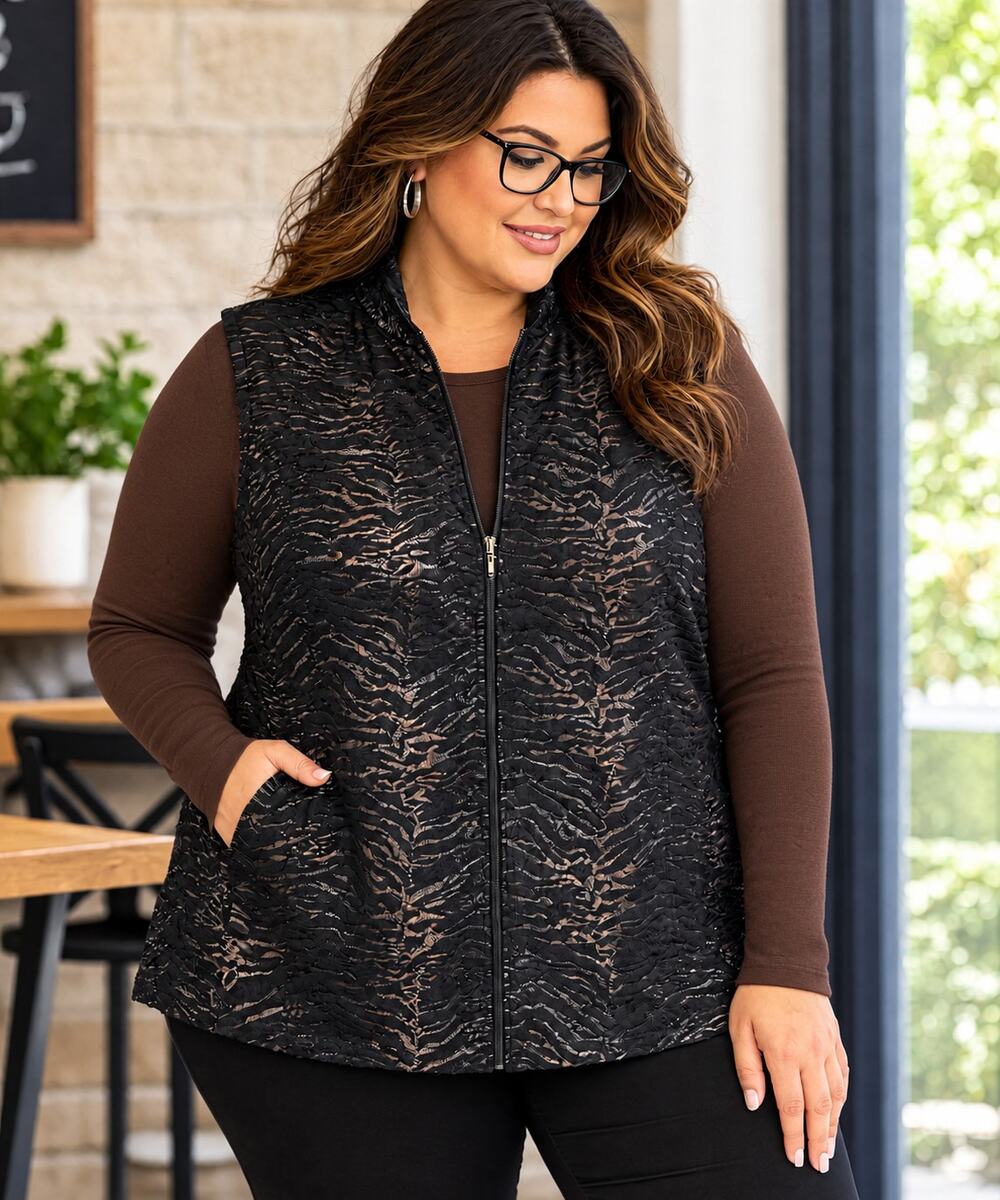Erin Women’s XL Black Textured Animal Print Vest Zip Front Sleeveless Layering